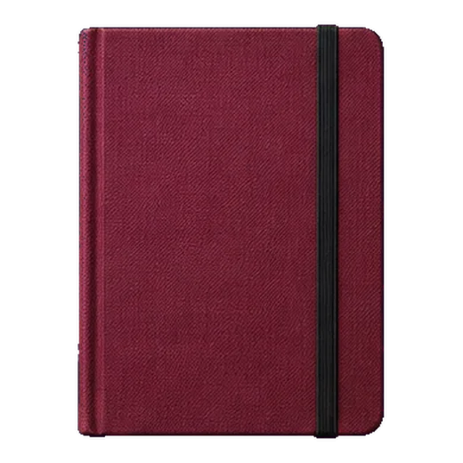 A burgundy cloth-bound journal with an elastic band